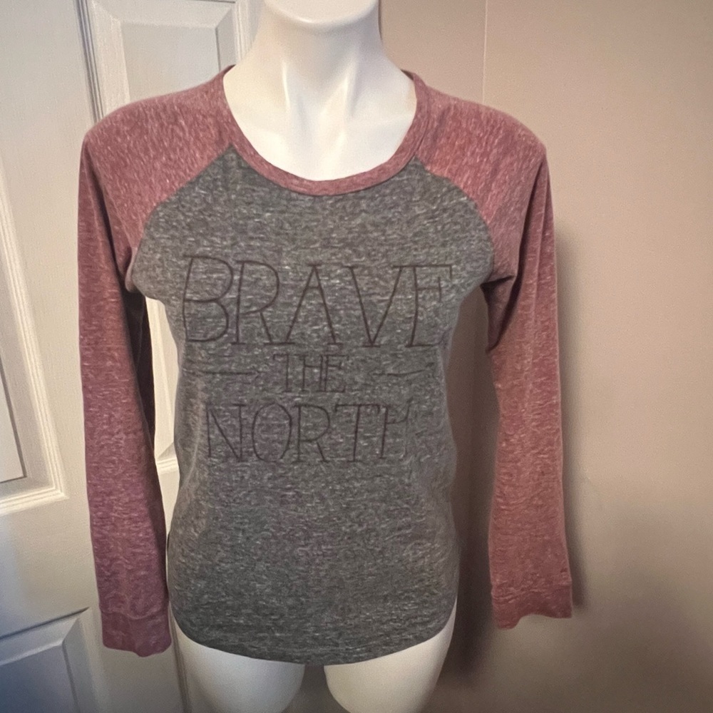Bluenotes Brave the North gray and burgundy baseball style shirt